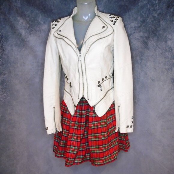 White Moto Jacket Celestial Pink Stars, Vegan Leather, Studs, Wearable Art - Picture 13 of 16